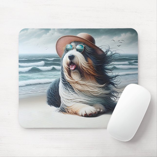 Bearded Collie On the Beach Mouse Pad (With Mouse)