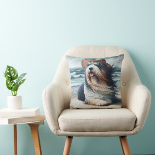 Bearded Collie On the Beach Throw Pillow