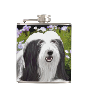 Bearded Collie Painting - Cute Original Dog Art Hip Flask