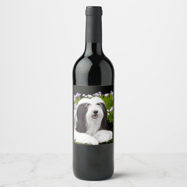 Bearded Collie Painting - Cute Original Dog Art Wine Label (Front)