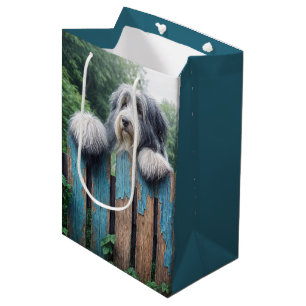 Bearded Collie Peeking Over a Fence Medium Gift Bag