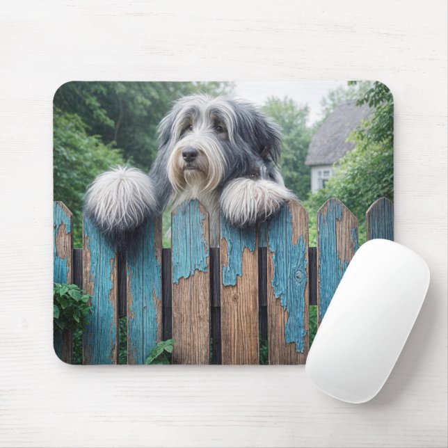 Bearded Collie Peeking Over an Old Fence Mouse Pad (With Mouse)