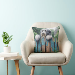 Bearded Collie Peeking Over an Old Fence Throw Pillow