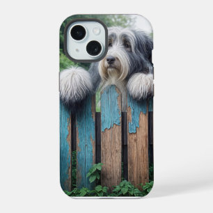 Bearded Collie Peeking Over Old Fence iPhone 15 Case