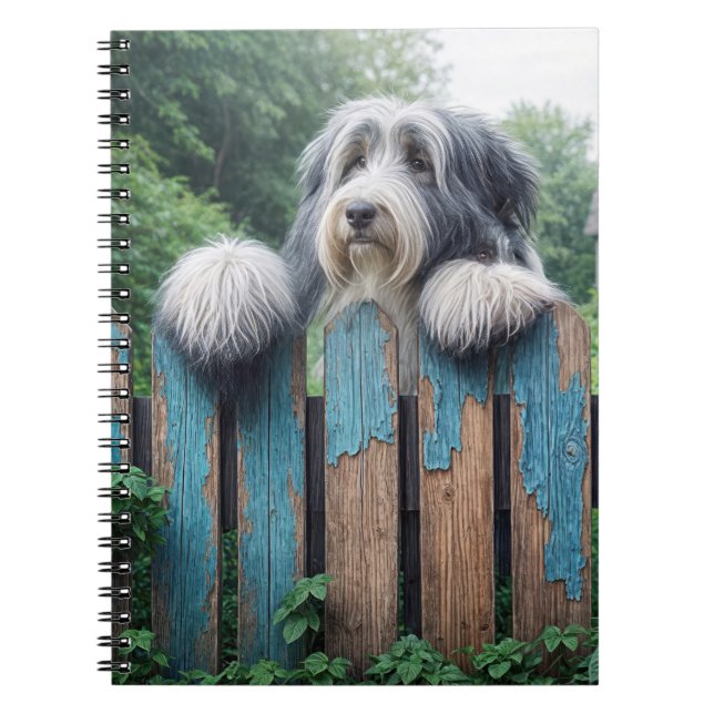 Bearded Collie Peeking Over Old Fence Notebook (Front)