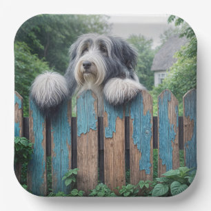 Bearded Collie Peeking Over Old Fence Paper Plate