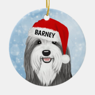 Bearded Collie Santa Dog Custom Christmas Ceramic Ornament