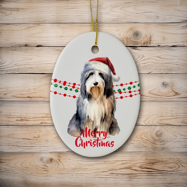 Bearded Collie Santa Hat Holiday Beads Ceramic Ornament (Creator Uploaded)