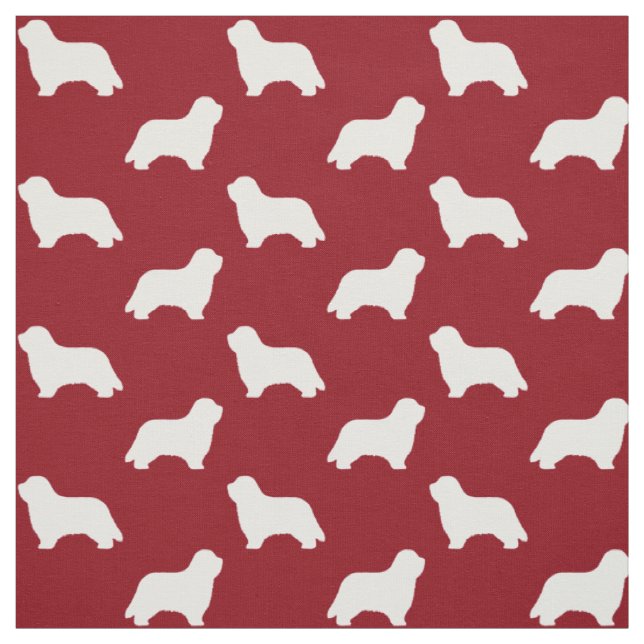 Bearded Collie Silhouettes Pattern Red and White Fabric (Swatch)