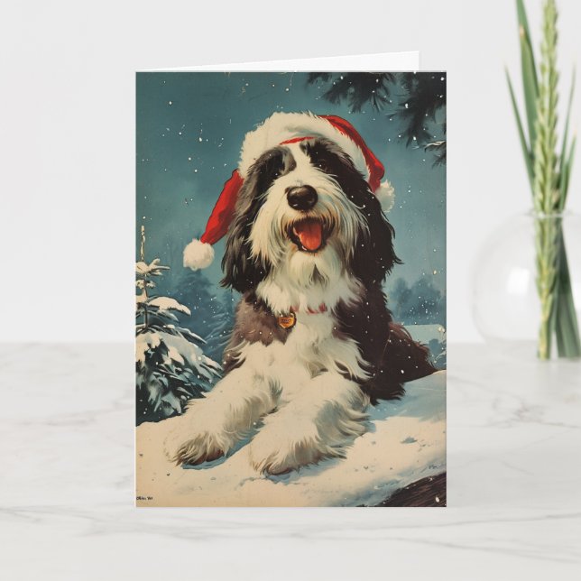 Bearded Collie vintage personalized Christmas  Holiday Card (Front)
