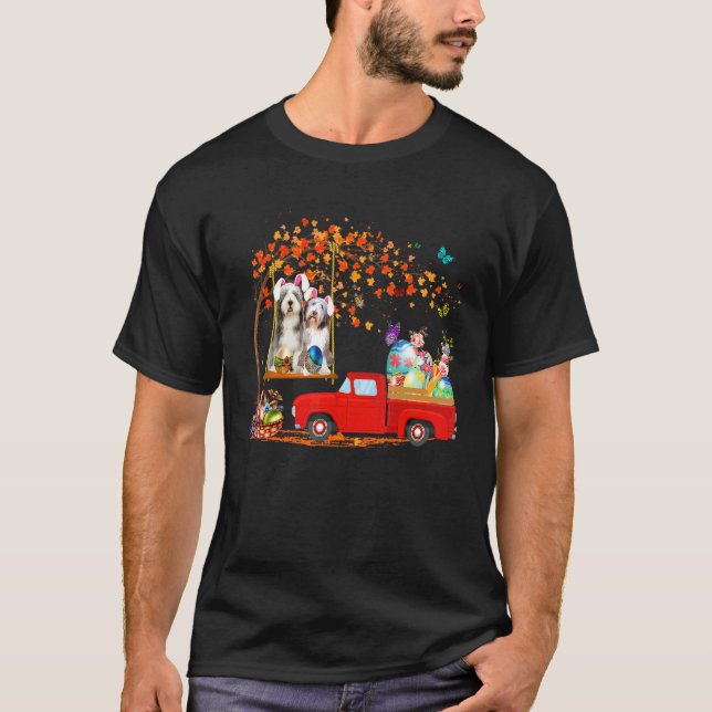 Bearded Collie Wearing Bunny Ear Red Truck With Eg T-Shirt (Front)