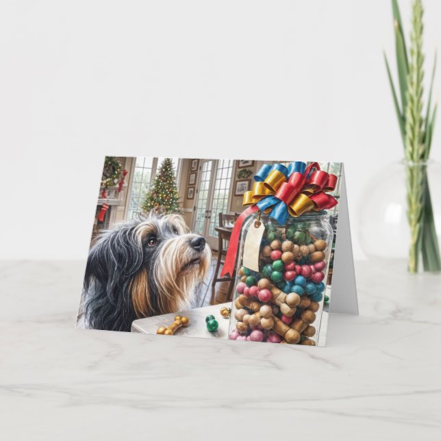 Bearded Collie With Christmas Bone Treats Holiday Card (Front)