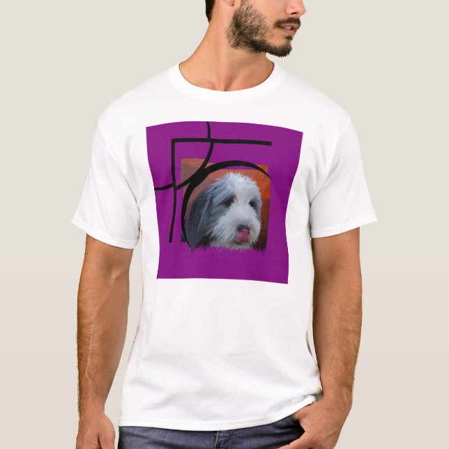 Bearded Collie with pink T-Shirt (Front)