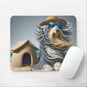 Bearded Collie With Sandcastle Doghouse Mouse Pad