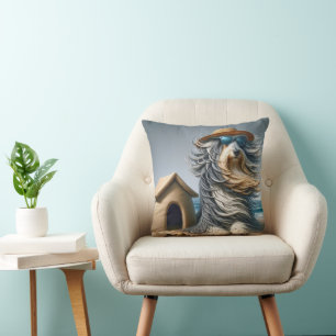 Bearded Collie With Sandcastle Doghouse Throw Pillow