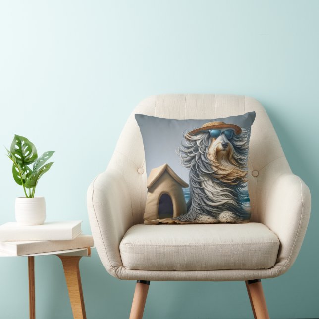 Bearded Collie With Sandcastle Doghouse Throw Pillow (Chair)