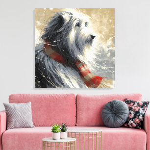Bearded Collie With Striped Winter Scarf Canvas Print