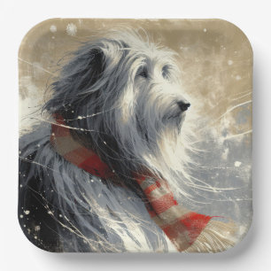 Bearded Collie With Striped Winter Scarf Paper Plate