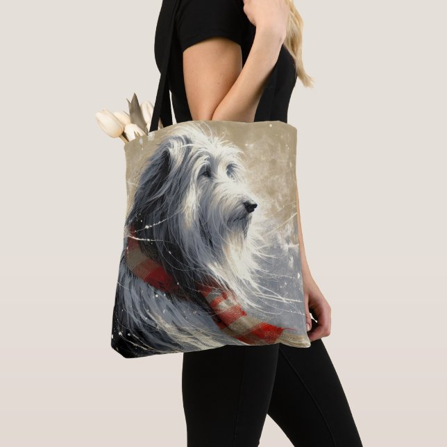 Bearded Collie With Striped Winter Scarf Tote Bag (Close Up)
