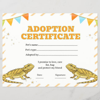 Bearded dragon adopt a pet certificate editable flyer