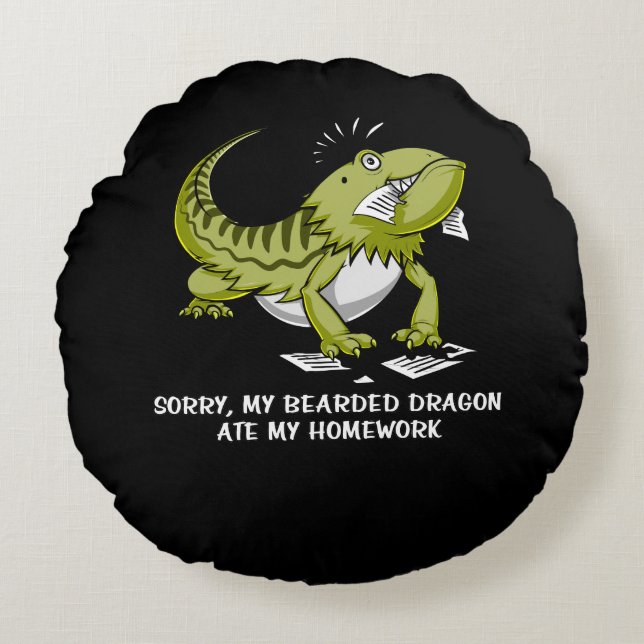 Bearded Dragon Ate My Homework Student Lizard Round Pillow (Front)