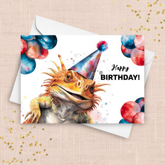 Bearded Dragon Balloons and Party Hat Birthday Card