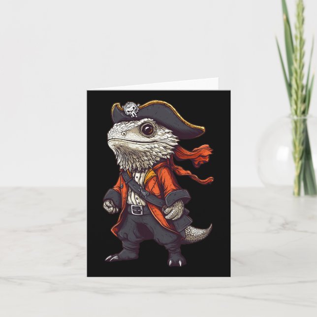 Bearded Dragon Dressed As A Pirate Funny Halloween Card (Front)