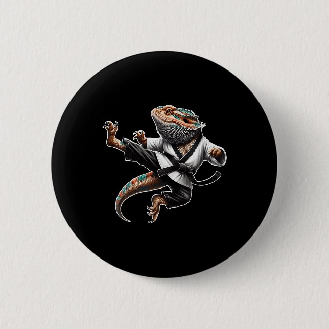 Bearded Dragon Flying Kick Pose Karate Samurai Nin 2 Inch Round Button (Front)