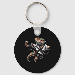 Bearded Dragon Flying Kick Pose Karate Samurai Nin Keychain