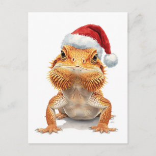 Bearded Dragon in Santa Hat Watercolor Holiday Postcard