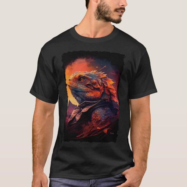 Bearded Dragon mountains sunset lizard retro 70s v T-Shirt (Front)