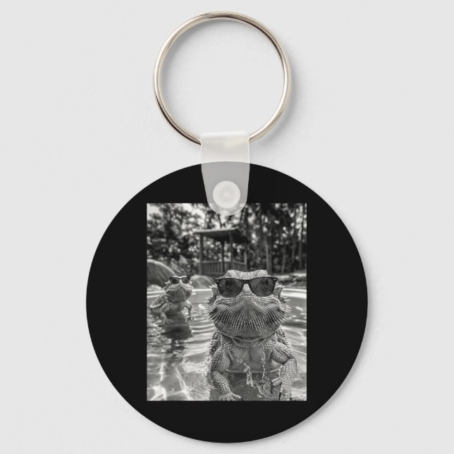Bearded Dragon Pool Selfie Funny Summer Vibe Swim Keychain (Front)