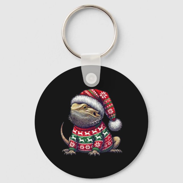 Bearded Dragon Ugly Sweater Santa Hat Christmas  Keychain (Front)