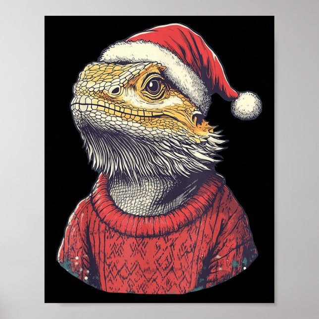 Bearded Dragon Ugly Sweater Santa Hat Christmas  Poster (Front)