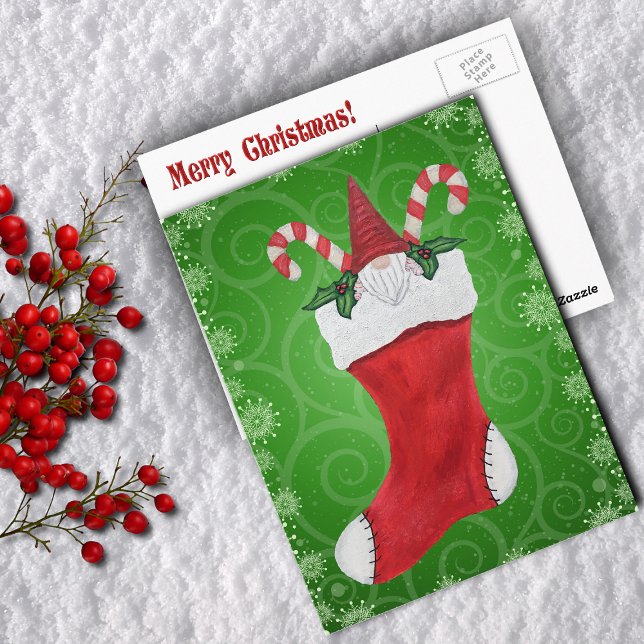 Bearded Gnome in Christmas Stocking Green Swirls Postcard (Cute gnome in Christmas Stocking candy canes on green swirls Merry Christmas postcard.)