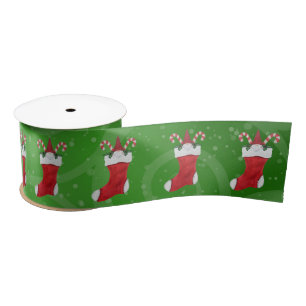 Bearded Gnome in Christmas Stocking Green Swirls Satin Ribbon