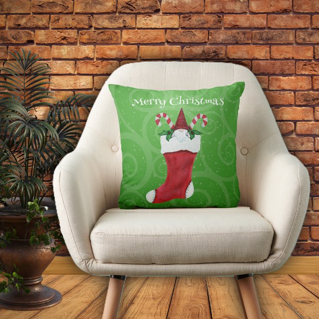 Bearded Gnome in Christmas Stocking Green Swirls Throw Pillow (Little gnome with white beard in red Christmas Stocking candy canes green swirled throw pillow.)