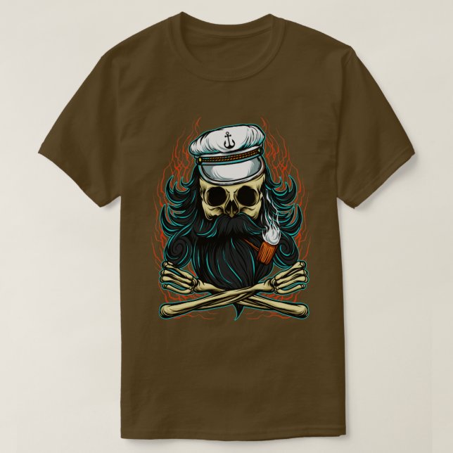 Bearded Skull Pirate Captain T-Shirt (Design Front)