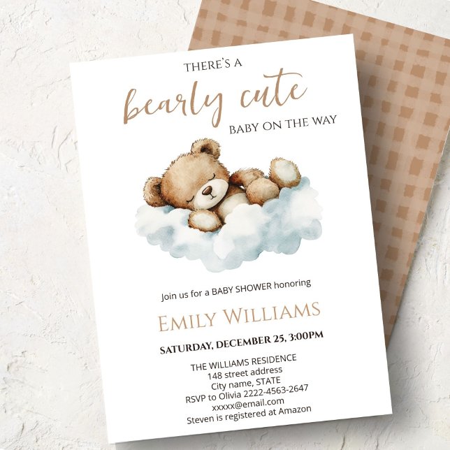 Bearly Cute Baby Shower Invitation | Neutral Teddy (Cute bear watercolor baby shower invitation “Bearly cute baby on the way” )
