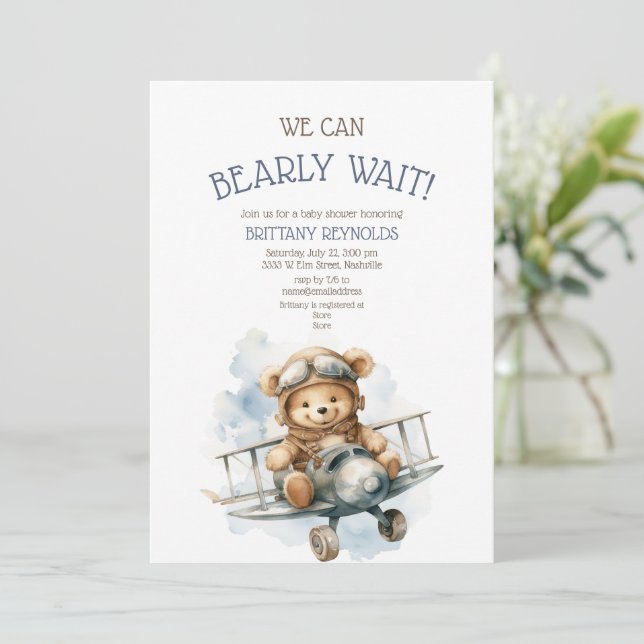 Bearly Wait Airplane Flying Bear Blue Baby Shower Invitation (Standing Front)