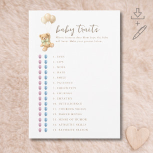 Bearly Wait Baby Shower Game Baby Traits Card