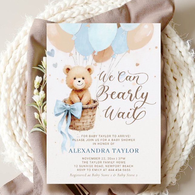 Bearly Wait Balloons Bow Blue Tan Boy Baby Shower Invitation (bearly wait baby shower invitation boy blue brown hot air balloons bow calligraphy watercolor)