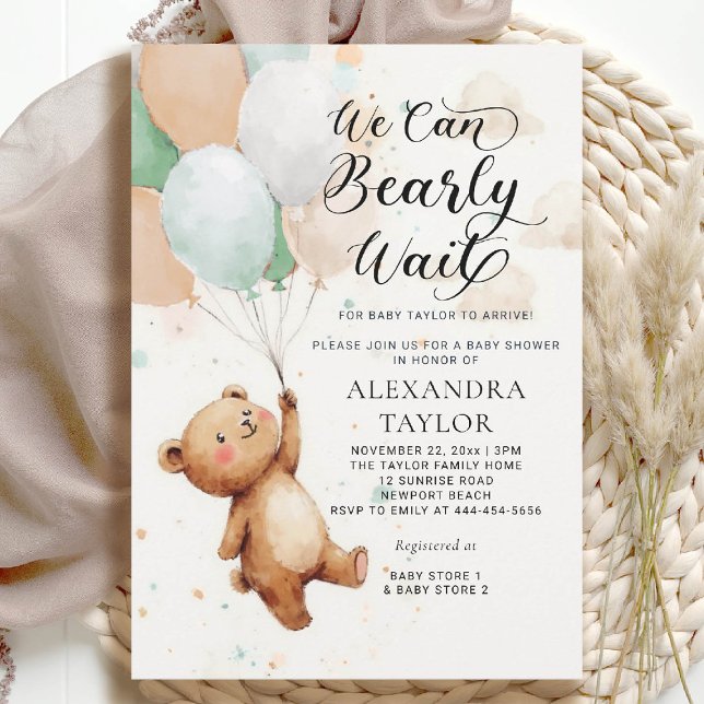 Bearly Wait Balloons Sage Tan Bear Baby Boy Shower Invitation (bearly wait baby shower invitation boy sage green tan balloons whimsical calligraphy watercolor)