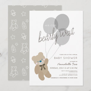 Bearly Wait Bear Grey Virtual Baby Shower Invitation