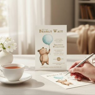 Bearly Wait blue Balloon Baby Shower QR Code  Invitation