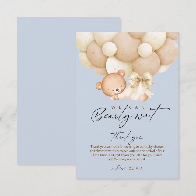 Bearly Wait Blue Boy Baby Shower    Thank You Card (Front/Back)