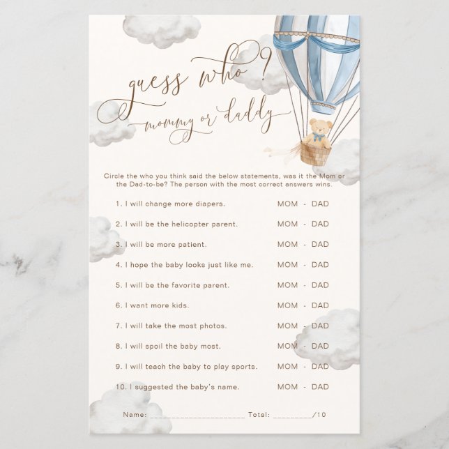 Bearly Wait Blue Guess Who Baby Shower Game (Front)