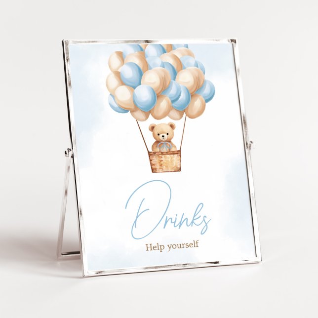 Bearly Wait Blue Hot Air Balloon Baby Drinks Poster (Boy Baby Bear Balloons Baby Shower Drinks Sign)