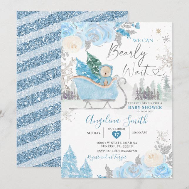 Bearly Wait Blue Snowflake Floral Baby Shower Invitation (Front/Back)