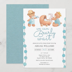 Bearly Wait Blue Teddy Bear Baby Shower Invitation